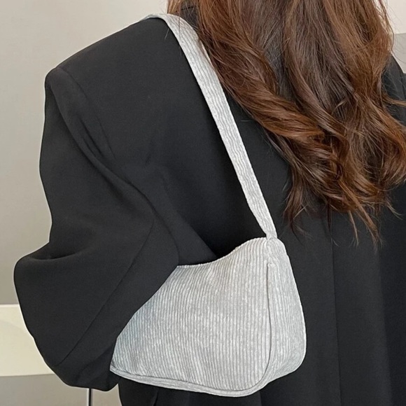 Corduroy Shoulder Bag in Light Grey | Gray Crescent Moon Everyday Purse NWT - Picture 5 of 6